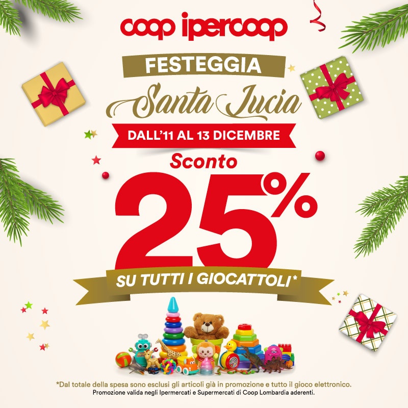 Preparati a festeggiare Santa Lucia! Da Ipercoop ti aspetta uno sconto del 25% su tutti i giocattoli dall’11 al 13 dicembre!